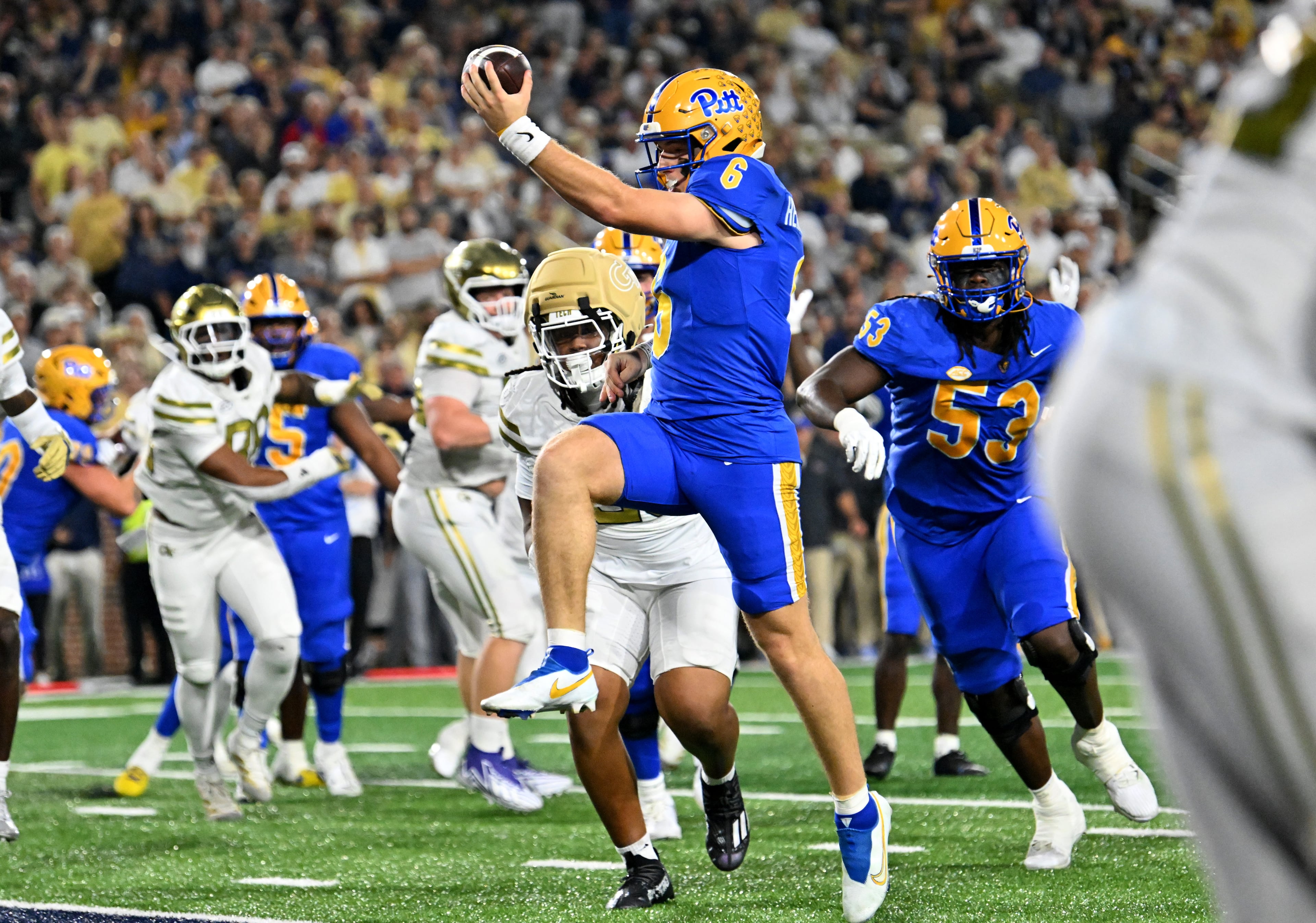 Pittsburgh quarterback Mason Heintschel (6) scores a touchdown during the first half in an NCAA college football game at Bobby Dodd Stadium, Saturday, November 22, 2025 in Atlanta. (Hyosub Shin / AJC)