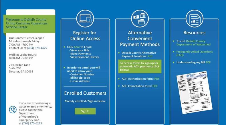 The DeKalb County Utility Customer Operations Center website provides water billing and payment information. The site can be accessed through dekalbwatershed.com.