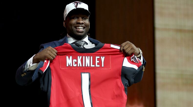 PHILADELPHIA, PA - APRIL 27: Takkarist McKinley of UCLA reacts after being picked #26 overall by the Atlanta Falcons during the first round of the 2017 NFL Draft at the Philadelphia Museum of Art on April 27, 2017 in Philadelphia, Pennsylvania. (Photo by Elsa/Getty Images)