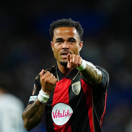 Bournemouth's Justin Kluivert celebrates after scoring the opening goal during the Europa League opening phase soccer match between Real Sociedad and AFC Bournemouth in San Sebastian, Spain, Thursday, Sept. 17, 2026. (AP Photo/Miguel Oses)