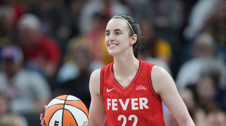 FILE - Indiana Fever guard Caitlin Clark (22) in action during a WNBA basketball game against the Chicago Sky in Indianapolis, May 17, 2025. (AP Photo/AJ Mast, File)