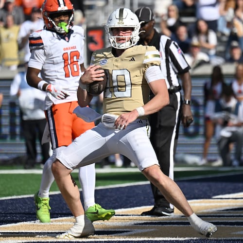 Georgia Tech quarterback Haynes King is a big reason that the Yellow Jackets are off to an 8-0 start. (Hyosub Shin/AJC)