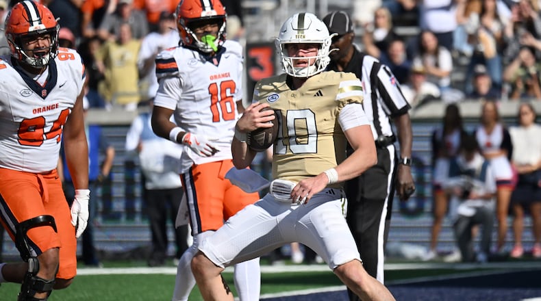 Georgia Tech quarterback Haynes King is a big reason that the Yellow Jackets are off to an 8-0 start. (Hyosub Shin/AJC)