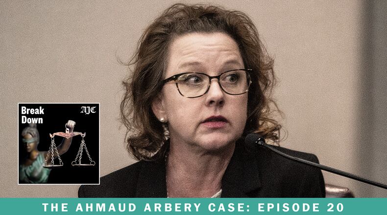 Former DA Jackie Johnson testifies on her own behalf earlier this month during her trial over a charge of violating her oath of office during the investigation of Ahmaud Arbery’s murder. (Terry Dickson/AP pool)