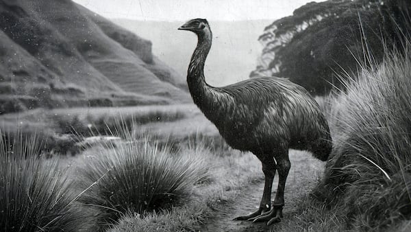 A depiction is represented of the largest species of moa, the South Island giant moa, which once could stand 12 feet (3.6 meters) tall. (Courtesy of Colossal Biosciences via AP)