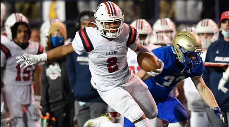 Jordan James, a running back from Oakland High School in Murfreesboro, Tenn., heads toward the end zone of one of his 26 touchdowns he scored last season. The 4-star recruiting prospect chose the Georgia Bulldogs over Alabama, Tennessee and a host of other schools on Monday, March 29, 2021.