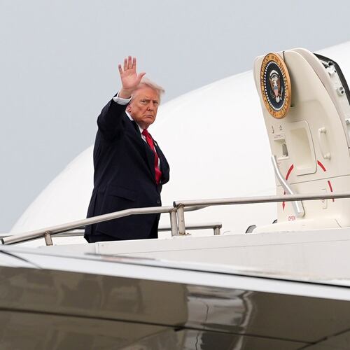 President Donald Trump waves as he departs on Air Force One at Oakland County International Airport, Monday, July 27, 2026, in Waterford Township, Mich. (AP Photo/Alex Brandon)