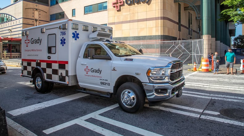 An ambulance leaves Grady Memorial Hospital in Atlanta. (Steve Schaefer / steve.schaefer@ajc.com)