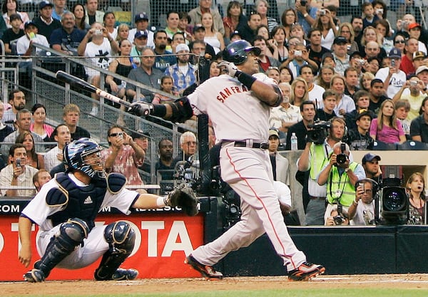 FILE - San Francisco Giants' Barry Bonds watches the flight of his home run, his 755th, during the second inning of a baseball game game against the San Diego Padres in San Diego, Saturday, Aug. 4, 2007. (AP Photo/ Kevork Djansezian, File)