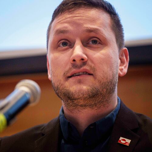 FILE - Prime Minister of Greenland Jens-Frederik Nielsen speaks to journalists at a press conference in Nuuk, Greenland, on Jan. 22, 2026. (AP Photo/Evgeniy Maloletka, File)
