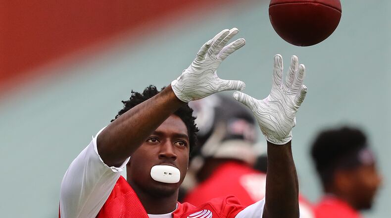 Falcons wide receiver Calvin Ridley makes a catch during the second practice at training camp on Tuesday, July 23, 2019, in Flowery Branch.