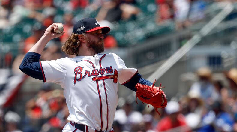 FILE - Atlanta Braves pitcher Pierce Johnson throws during the eighth inning of a baseball game against the Baltimore Orioles, July 6, 2025, in Atlanta. (AP Photo/Butch Dill, File)