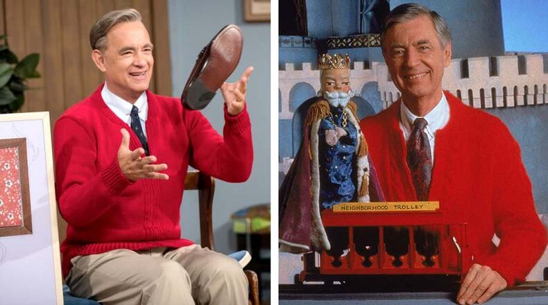 Actor Tom Hanks, left, channeling the real Fred Rogers', right, on the set of the new film 'A Beautiful Day in the Neighborhood.' Sony released a shot of Hanks as Rogers in honor of the iconic TV host's birthday. He would have turned 91 Wednesday.