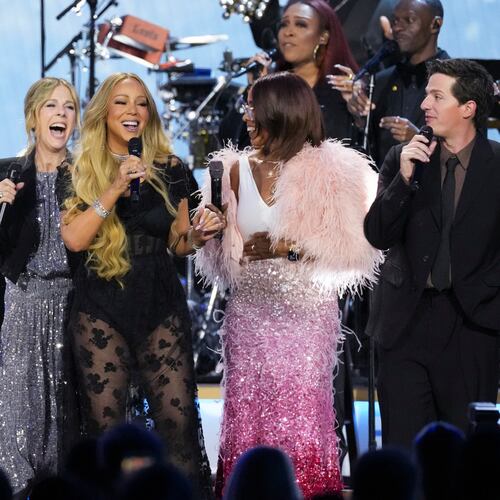 Kesha, from left, R/ita Wilson, Mariah Carey, Gayle King, and Charlie Puth perform during MusiCares Person of the Year honoring Mariah Carey on Friday, Jan. 30, 2026, in Los Angeles. (AP Photo/Chris Pizzello)