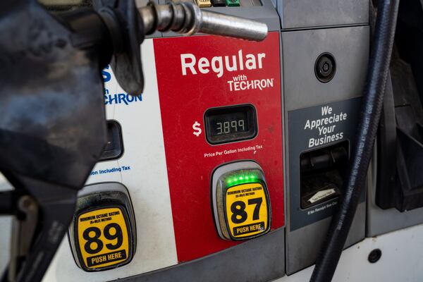 The price per gallon for 87 octane fuel at a Chevron gas station on Powers Ferry Road in Marietta, Georgia. Friday, Mar 20, 2026. (Ben Hendren for the AJC)