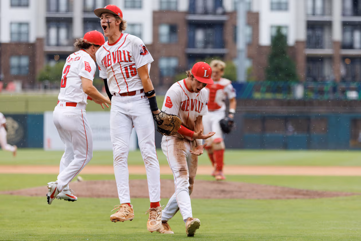 Loganville first basemen Zac Cuneio (15) celebrates after Loganville beat Pope the seventh inning of Game 1 of the GHSA Class 5A Baseball State Championship Series at Gwinnett Field on Monday, May 25, 2026, in Lawrenceville. (Estela Muñoz/AJC)