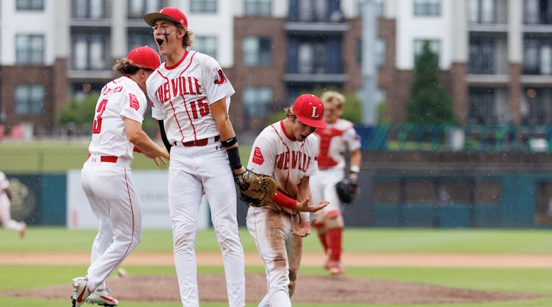 Loganville first basemen Zac Cuneio (center) celebrates their victory over Pope during Game 1 of the GHSA Class 5A championship series at Gwinnett Field on Monday, May 25, 2026, in Lawrenceville. (Estela Muñoz/AJC)