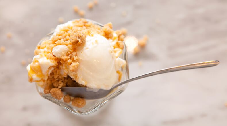 Cream Biscuits with Peach Jam Ice Cream topped with Honey Corn Bread Gravel (styling by Jeni Britton Bauer ) (Photography by Renee Brock/Special)
