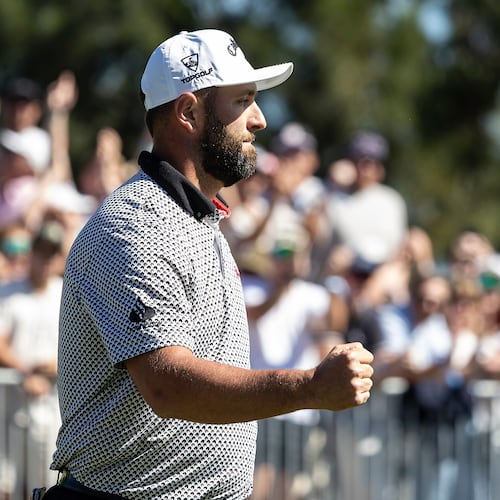 Captain Jon Rahm of Legion XIII celebrates during the second round of the LIV Golf tournament at Grange Golf Club, Friday, Feb. 13, 2026 in Adelaide, Australia. (Jon Ferrey/LIV Golf via AP)