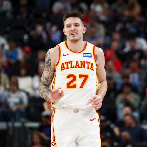 Atlanta Hawks guard Vit Krejci reacts after scoring a basket during the first half of an NBA basketball game against the Los Angeles Clippers, Monday, Nov. 10, 2025, in Inglewood, Calif. (AP Photo/Jessie Alcheh)