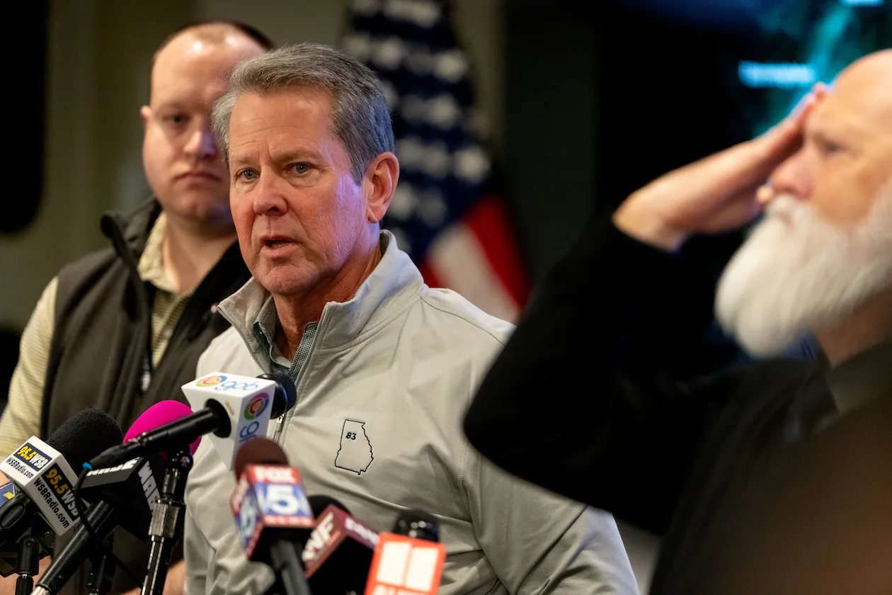 In this file photo, Georgia Gov. Brian Kemp and other officials give a news conference at the Georgia Emergency Management headquarters ahead of the storm in January 2025. (Ben Hendren for the AJC)