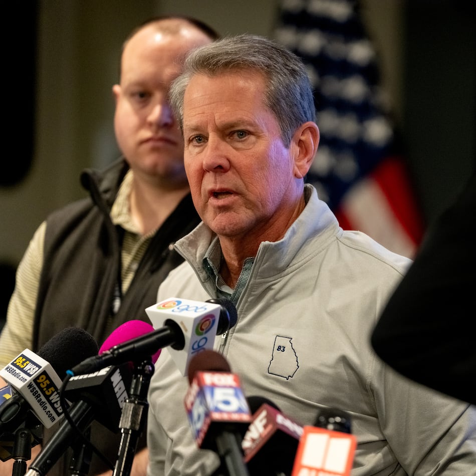 In this file photo, Georgia Gov. Brian Kemp and other officials give a news conference at the Georgia Emergency Management headquarters ahead of the storm in January 2025. (Ben Hendren for the AJC)