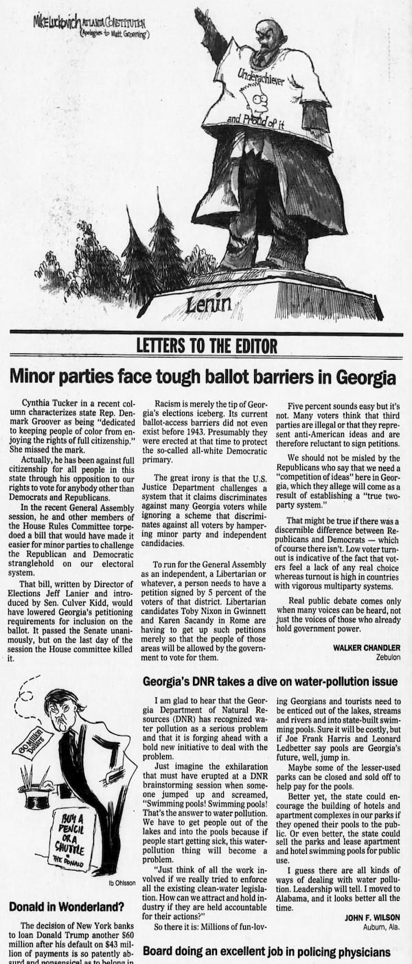 On the day I came in July 1990, AJC cartoonist Mike Luckovich was drawing a cartoon on the fall of Communism. Lower on the page was a mini cartoon of a then-omnipresent New York businessman who was in trouble with money. AJC FILE