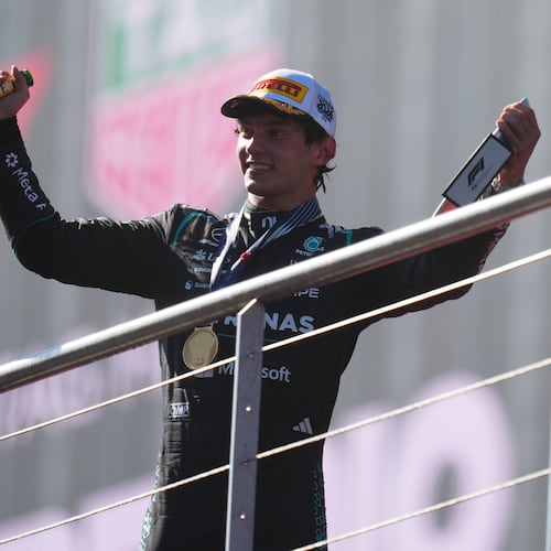 Mercedes driver Andrea Kimi Antonelli of Italy celebrates on the podium after winning the Spanish Formula One Grand Prix race in Madrid, Sunday, Sept. 13, 2026. (AP Photo/Manu Fernandez)