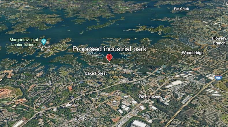 This is an aerial map showing the approximate location of the proposed Buford Creek Business Center near Lake Lanier.
