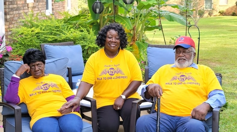 Shonda Bell and her parents Walter and Charlie Mae Cross of Albany. Bell's parents were both diagnosed with Alzheimer's disease several years ago. She is the main caregiver for both.
