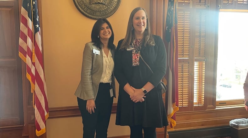 Democratic state Rep. Saira Draper of Atlanta, left, introduced the Rev. Andi Woodworth, who is believed to be the first transgender pastor to address the Georgia House during its morning devotional prayer as Monday's Pastor of the Day.