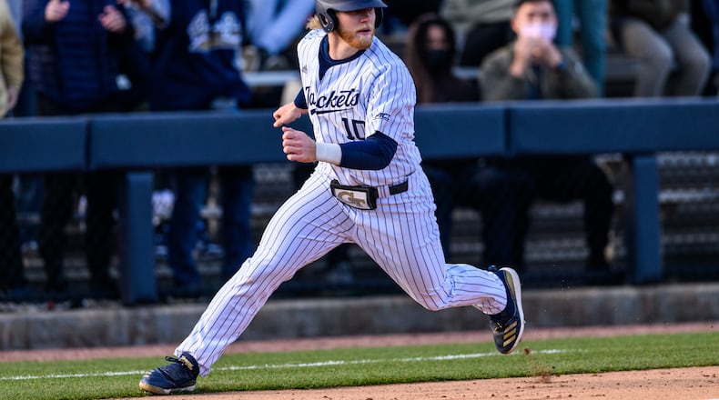 Georgia Tech first baseman Andrew Jenkins in action against Wright State in the Yellow Jackets' 9-8 walk-off win in the season opener Feb. 18, 2022 at Russ Chandler Stadium. (Danny Karnik/Georgia Tech Athletics)