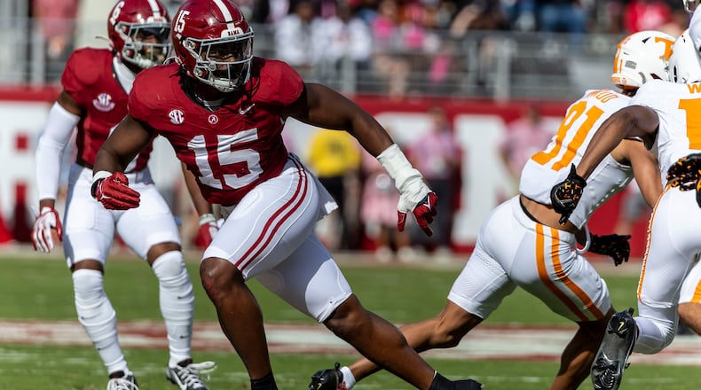 Alabama linebacker Dallas Turner (15) tracks the play during the first half of an NCAA college football game against Tennessee, Saturday, Oct. 21, 2023, in Tuscaloosa, Ala. (AP Photo/Vasha Hunt)