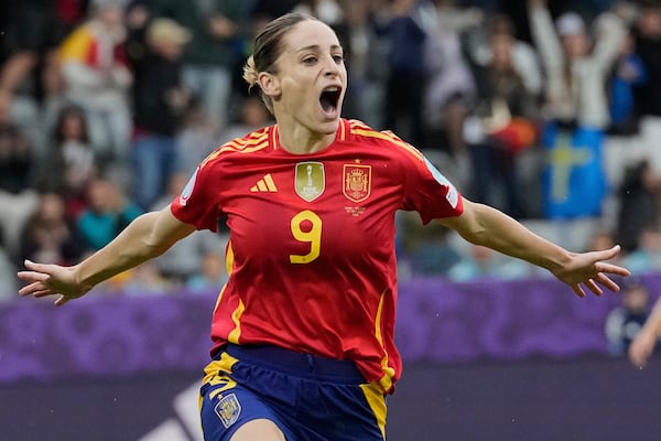 Spain's Esther Gonzalez celebrates her side's third goal during the Euro 2025, group B, soccer match between Spain and Belgium at Arena Thun in Thun, Switzerland, Monday, July 7, 2025. (AP Photo/Martin Meissner)