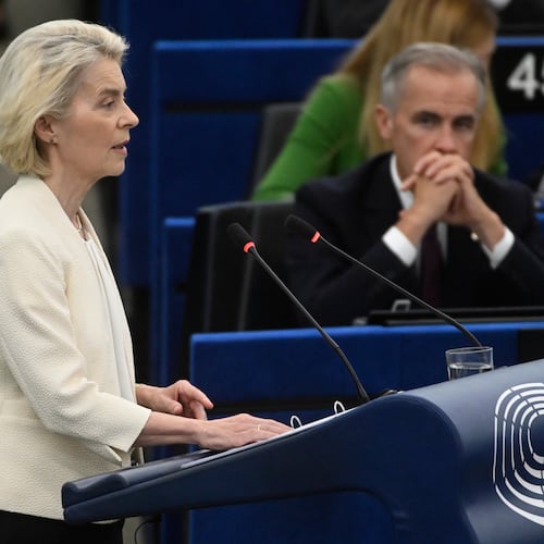 Canada's Prime Minister Mark Carney, right, listens to European Commission President Ursula von der Leyen, during the annual State of the European Union at the European Parliament in Strasbourg, eastern France, Wednesday, Sept 16, 2026. (AP Photo/Pascal Bastien)