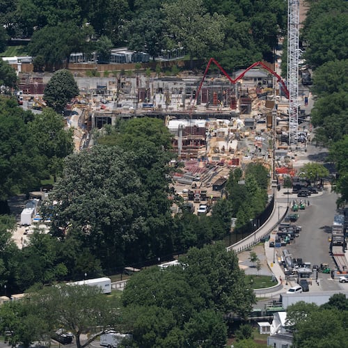 Construction continues on the new White House ballroom, as seen from the Washington Monument, Wednesday, June 17, 2026, in Washington. (AP Photo/Manuel Balce Ceneta)