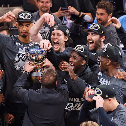 The San Antonio Spurs celebrate after defeating the Oklahoma City Thunder in the Western Conference finals of the NBA basketball playoffs series Saturday, May 30, 2026, in Oklahoma City. (AP Photo/Nate Billings)