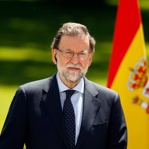 FILE - Spain's Prime Minister Mariano Rajoy attends a press conference at the Elysee Palace in Paris, France, Friday, June 16, 2017. (AP Photo/Francois Mori, File)