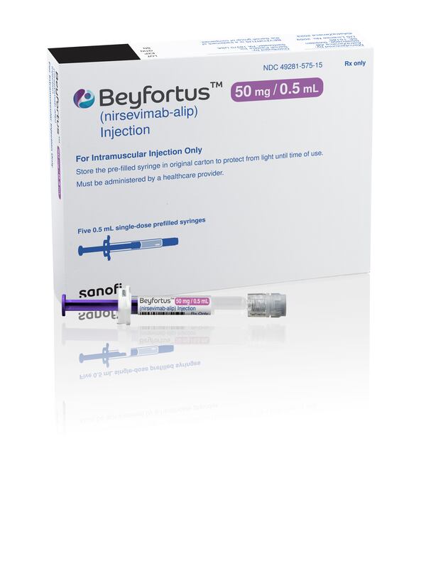 A computer-generated image of nirsevimab, with the marketing name Beyfortus, under consideration by the Centers for Disease Control and Prevention's advisory committee ACIP on Thursday, Aug. 3, 2023.  The drug is a monoclonal antibody which works preventively, like a vaccine, to prevent RSV in children.  (Photo image made by AstraZeneca and provided by Sanofi)