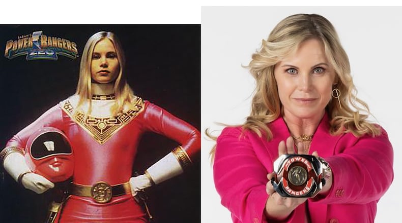 Catherine Sutherland when she was a Power Ranger in the mid-1990s and today. COURTESY