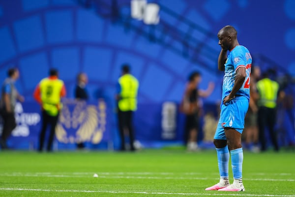 Congo forward Yoane Wissa reacts to a 2-1 loss to England during a FIFA World Cup round of 32 match at Atlanta Stadium (Mercedes-Benz Stadium) on Wednesday, July 1, 2026, in Atlanta. (Jason Getz/AJC)
