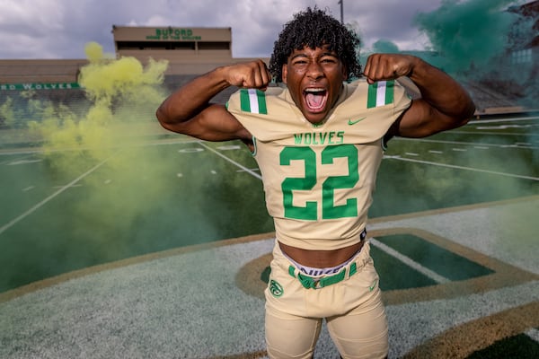 Buford High School running back Justice Haynes poses for a Super 11 photograph Wednesday, Jul 27, 2022. (Steve Schaefer for the AJC)