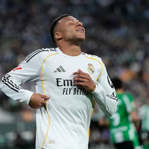Real Madrid's Kylian Mbappe reacts during a La Liga soccer match between Real Betis and Real Madrid in Seville, Spain, Friday, April 24, 2026. (AP Photo/Jose Breton)