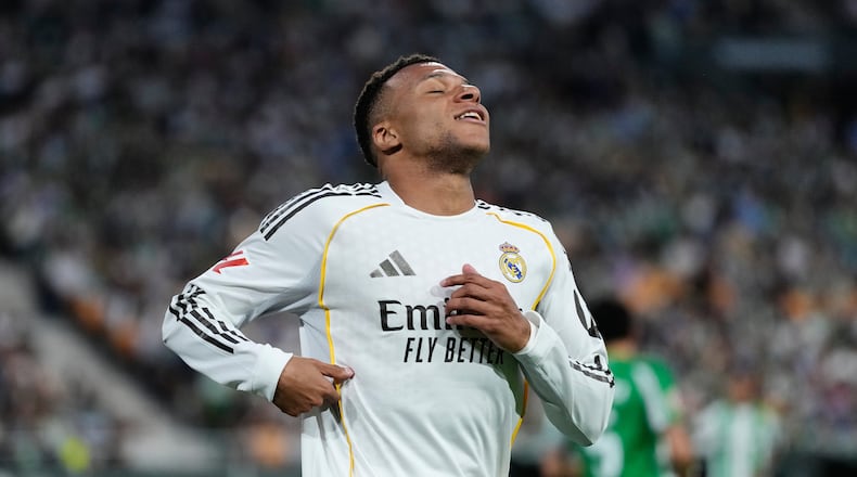 Real Madrid's Kylian Mbappe reacts during a La Liga soccer match between Real Betis and Real Madrid in Seville, Spain, Friday, April 24, 2026. (AP Photo/Jose Breton)