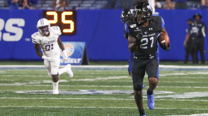 Georgia State Panthers safety Remy Lazarus (21) runs after intercepting the ball during the second half of a college football game against Furman Paladins at Georgia State Stadium, Saturday, Sept. 7, 2019, in Atlanta. BRANDEN CAMP/SPECIAL