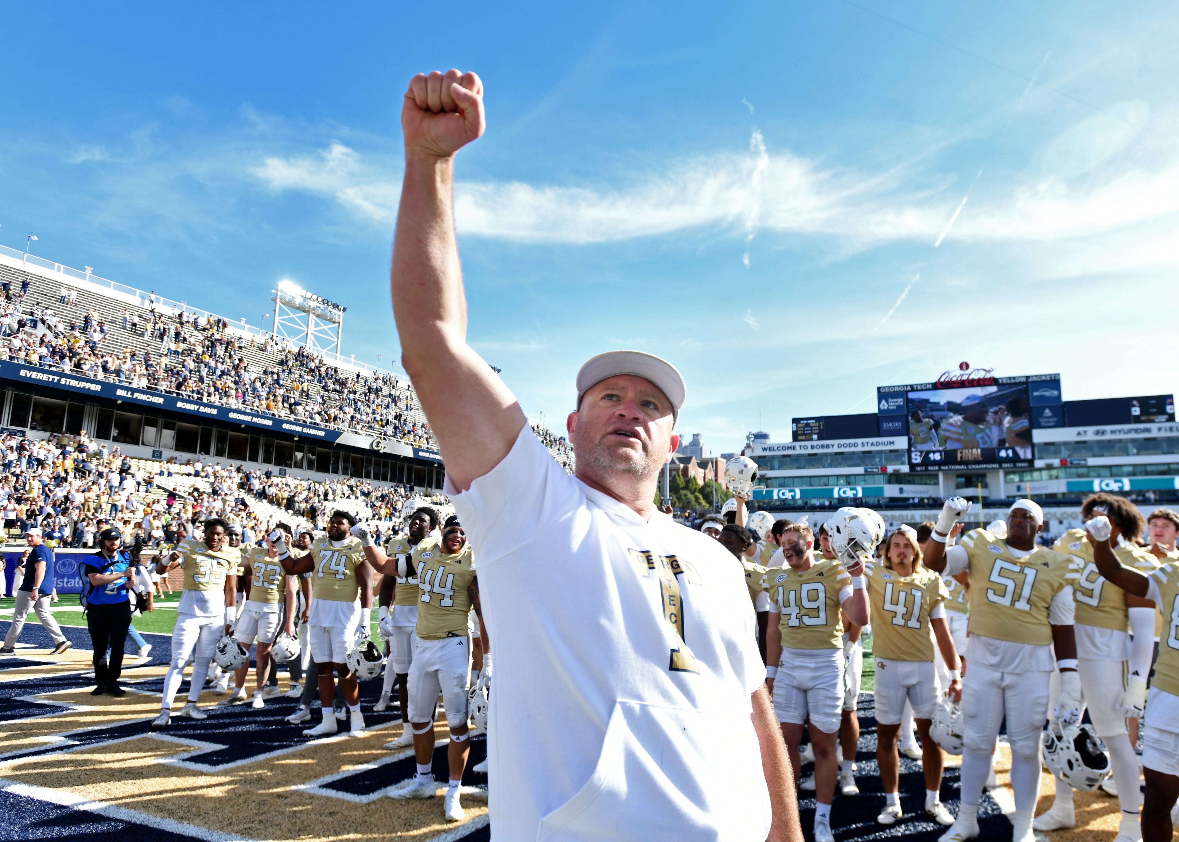 Georgia Tech head coach Brent Key celebrates after Georgia Tech beat Syracuse during an NCAA college football game at Bobby Dodd Stadium, Saturday, Oct. 25, 2025 in Atlanta. Georgia Tech won 41-16 over Syracuse. The Yellow Jackets are 8-0 for the first time since 1966 and 5-0 in the ACC for the first time ever. (Hyosub Shin/AJC)