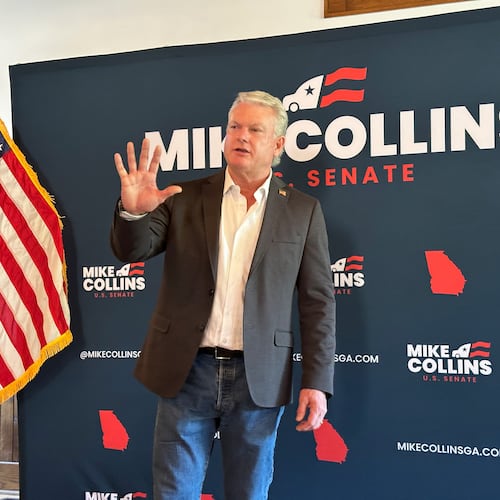 U.S. Rep. Mike Collins, R-Ga., speaks to supporters in Acworth, Ga., on Monday, May 4, 2026. (AP Photo/Jeff Amy)