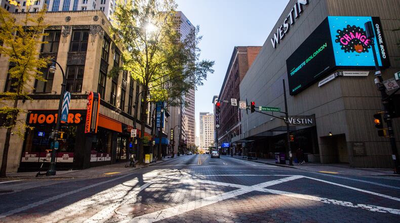 Atlanta is studying a major makeover of a portion of Peachtree Street, redesigning for more room for walkers and bikers. (Jenni Girtman for The Atlanta Journal-Constitution)