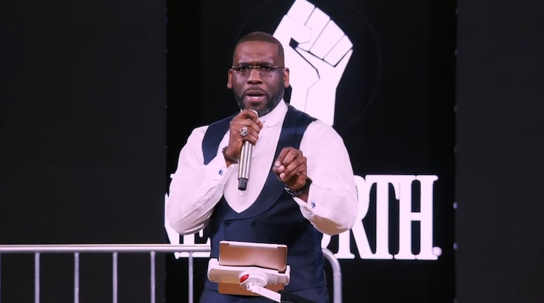The Rev. Jamal Bryant directly addressed the week's news in New Missionary Baptist Church's Sunday service that was livestreamed Jan. 10, 2021. (Photo via New Birth Missionary Baptist Church livestream)