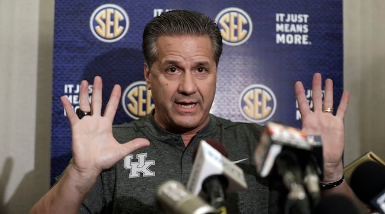 Kentucky head coach John Calipari answers questions during the Southeastern Conference men's NCAA college basketball media day, Wednesday, Oct. 18, 2017, in Nashville, Tenn. (AP Photo/Mark Humphrey)